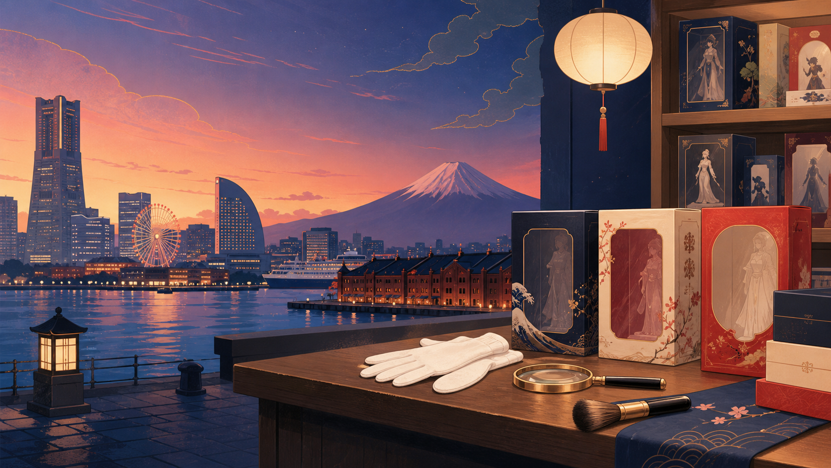 Illustration of Yokohama, Mt. Fuji, and a carefully inspected figure collection